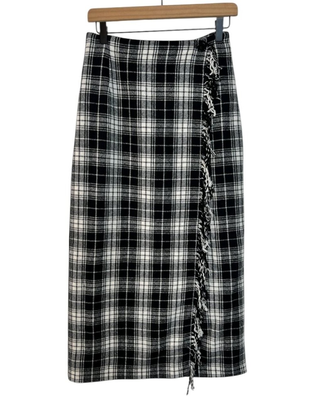 Vintage Cambridge Country Wool Plaid Wrap Skirt FringeTrim Maxi Black White 6P